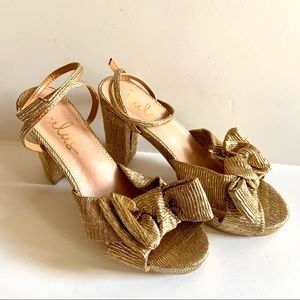 Lulus Lilsa Gold Bow Heels Womens 8 Platform Ankle Strap Party Metallic 4.25”